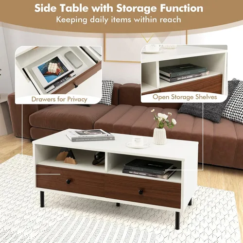 Vista 6 de Giantex Mesa auxiliar rectangular de madera, mesa central moderna de 2 niveles con 2 cajones, 2 estantes de almacenamiento, fácil montaje, soporte