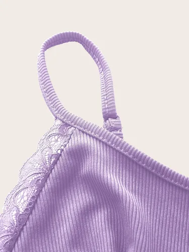 Vista 3 de MakeMeChic Camiseta corta sin mangas con cuello en V y ribete de encaje Y2K para mujer