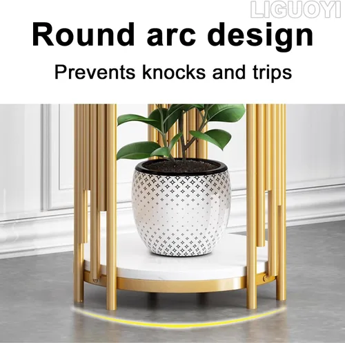 Vista 2 de LIGUOYI Soporte para macetas al aire libre, estante de metal de 2 niveles, superficie de mármol, soporte de esquina para plantas de flores, estante