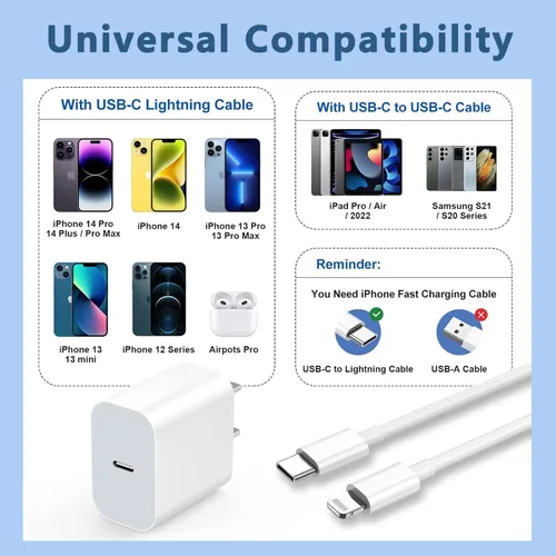 Vista 3 de Cargador para iPhone de carga rápida, paquete de 2 bloques de adaptador de cargador de pared USB C de 3 metros con cable USB C a Lightning de carga