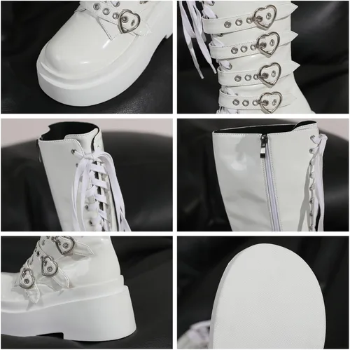 Vista 34 de Parisuit Botas góticas altas hasta la rodilla con hebilla de plataforma para mujer, tacón alto grueso, con cordones, botas de combate punk, con Negro
