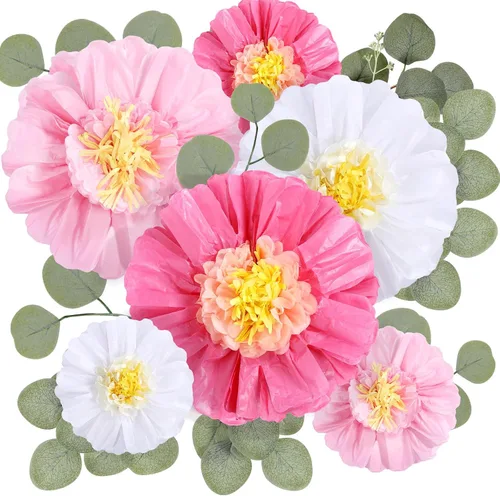 Vista 11 de Lincia 40 piezas de flores gigantes de papel y hojas artificiales de eucalipto, flores de papel grandes para decoración de pared, hojas sintéticas
