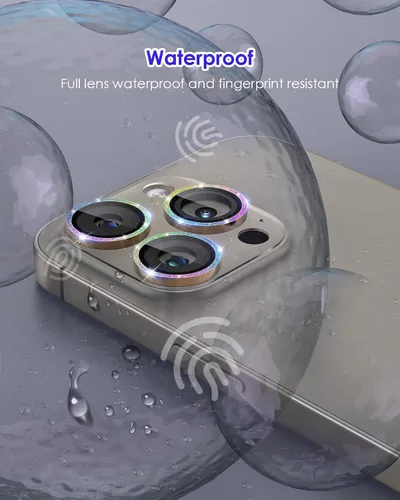 Vista 6 de Protector de lente de cámara con purpurina para iPhone 15 Pro/iPhone 15 Pro Max, acrílico transparente más anillo de aleación de aluminio 9H