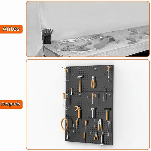 Vista 8 de TORACK 3 piezas de paneles de tablero de clavijas de metal para almacenamiento de herramientas de garaje en pared, tablero de clavijas para banco