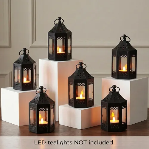 Vista 2 de Vela Lanterns - Portavelas de té, mini centros de mesa, color negro Halloween & Wedding Decor, Decorative Indoor Moroccan Metal Glass Hanging