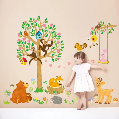 Vista 2 de DECOWALL SG-2201 Woodland Nursery Decor Wall Stickers Animals Nursery Girls Tree Forest Boy Room Fall Fox Deer Owl Playroom Living Bedroom Baby
