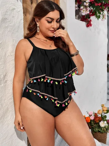 Vista 3 de SOLY HUX Women's Plus Size Tankini Set Tassel Trim Ruffle Hem Bikini Bathing Suits 2 Piece Swimsuit