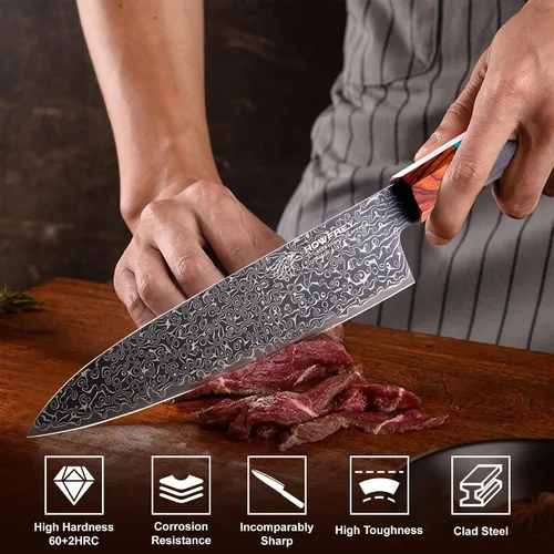 Vista 5 de Cuchillo de chef de Damasco, cuchillos de cocina japoneses de 8 pulgadas con 67 capas, acero inoxidable de alto carbono afilado con mangos