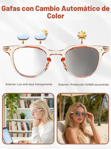 Vista 2 de Gafas Bluetooth para mujeres y hombres con Bluetooth 5.4, gafas de traducción con bloqueo de luz azul y lentes de cambio de color, asistente de voz