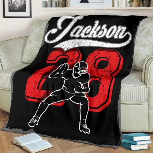 Vista 2 de Manta de forro polar Sherpa de alta calidad para jugador de mariscal de campo de fútbol, color negro, con número de nombre, impresión 3D, cálida
