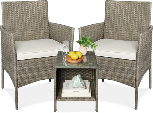 Vista 8 de Best Choice Products Juego de 3 piezas de mimbre para conversación al aire libre, muebles de patio que ahorran espacio para jardín con mesa