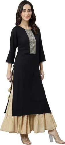 Vista 4 de Janasya Kurta recta de rayón negro para mujer india