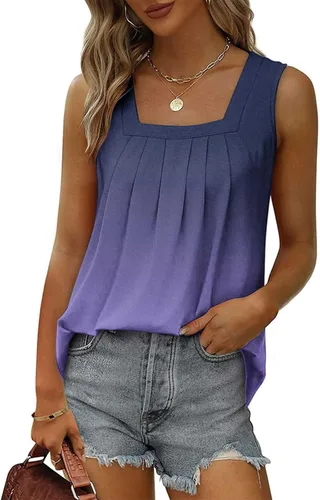 Vista 2 de Camisetas sin mangas de verano para mujer 2023 con estampado floral de moda, sin mangas, ajuste holgado, plisadas, cuello cuadrado, estilo túnica