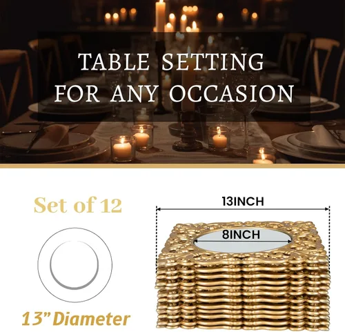 Vista 7 de MAONAME Platos cargadores dorados de 12", juego de 12 unidades, cargador espejo para platos de cena, platos cargadores de plástico con bordes