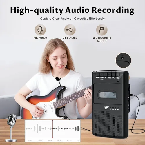Vista 3 de Grabadora de cassette/convertidor de cinta, grabación a USB/cinta desde micrófono, convertir cintas a WAV a través de una unidad USB, reproductor
