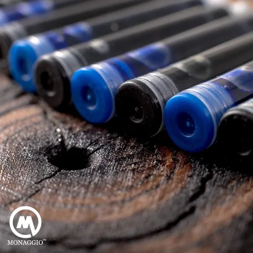Vista 2 de MONAGGIO Cartuchos de tinta negra y azul para plumas estilográficas. Paquete grande de 20 cartuchos cortos de tamaño estándar internacional.