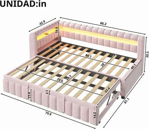 Vista 2 de Polibi Sofá cama tapizado individual XL a King con nido extraíble, luces LED y puertos USB, marco de cama con plataforma de listones de madera