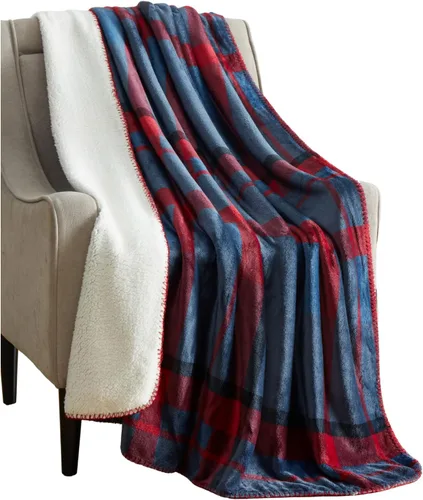 Vista 5 de Serafina Home Manta de franela de invierno Sherpa para vacaciones: diseño a cuadros de tartán rojo y azul, forro polar mullido, felpa cálida, acento
