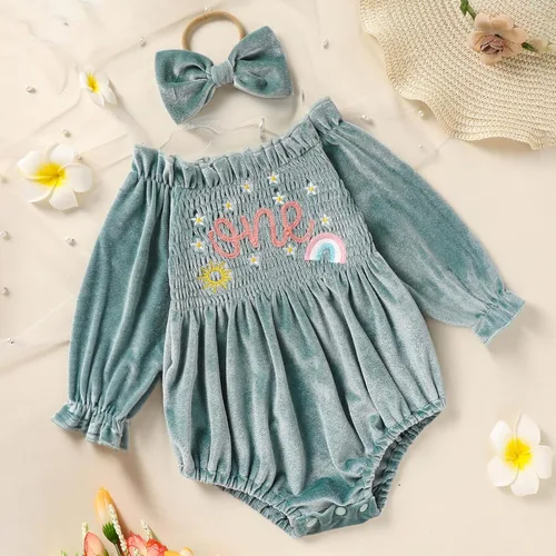 Vista 37 de GRNSHTS Ropa de primer cumpleaños para niña de terciopelo de un año de edad, mameluco de manga larga + diadema, 2 piezas de trajes de pastel