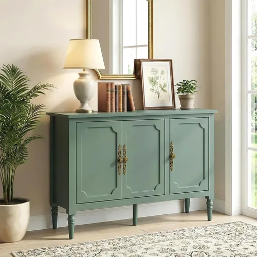 Vista 13 de RoyalCraft Armario buffet con almacenamiento, aparador moderno de mediados de siglo con 3 puertas, mesa de café pintada con estantes ajustables