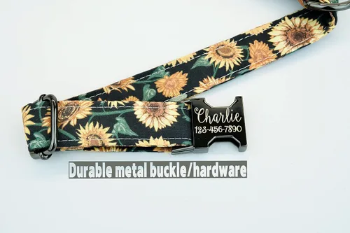 Vista 3 de Collar de perro de girasol con hebilla de metal, hecho a mano, collar personalizado grabado personalizado, 1 pulgada de ancho, collares