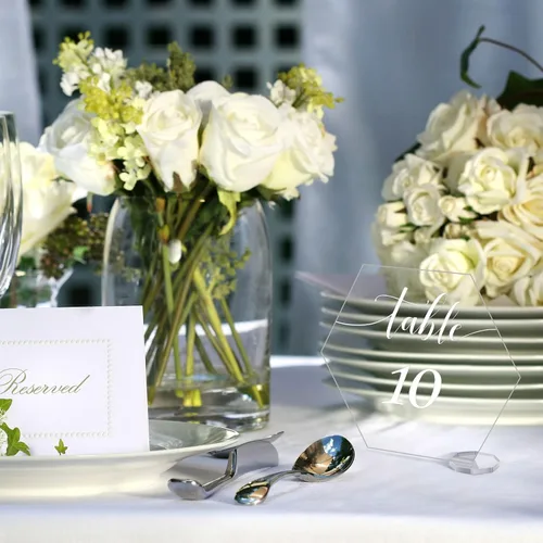 Vista 5 de 30 piezas de acrílico números de mesa 1-30 para recepción de boda, números de mesa transparentes 1-30 con soporte rectangular hexagonal para boda
