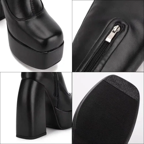 Vista 3 de Botas altas hasta la rodilla para mujer, tacón alto, punta redonda, cremallera lateral, estilo punk, botas de combate para mujer