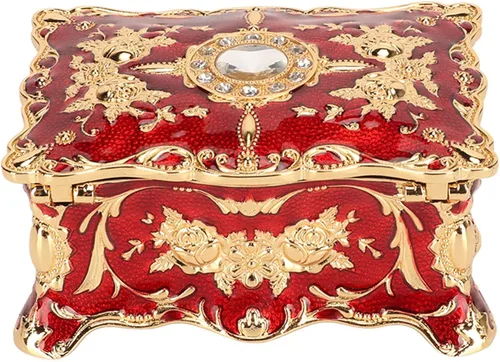 Vista 8 de Joyero grabado, caja de joyería roja con diamantes de imitación, caja de joyería retro, caja organizadora de almacenamiento de aretes grabados