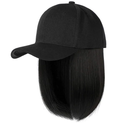 Vista 8 de YEKEYI Gorra de béisbol con extensiones de cabello, peluca sintética para mujer, gorra de béisbol ajustable (beige negro)