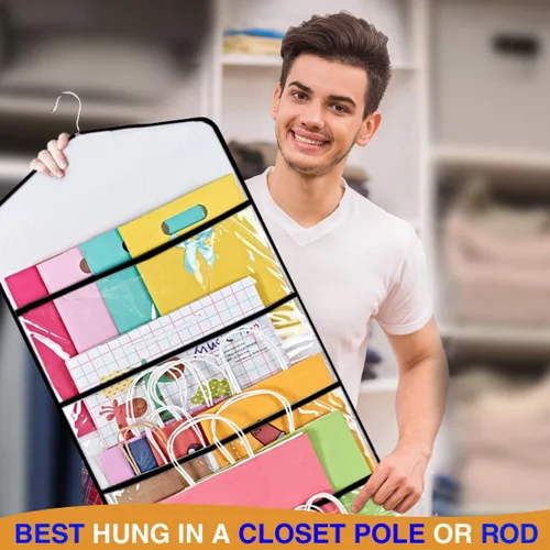 Vista 7 de ProPik Organizador de almacenamiento colgante de doble cara para bolsas de regalo con múltiples bolsillos delanteros y traseros, organiza tu papel