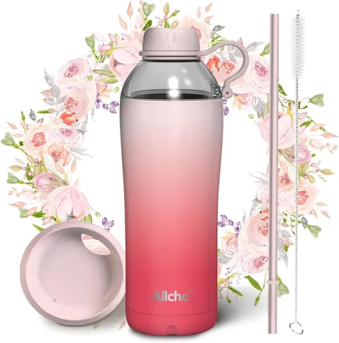 Vista 23 de Bow - Botella de agua aislada para mujeres, botellas de agua de acero inoxidable de 18 oz, de doble pared, 2 tapas (para beber y vaso) - Hidrata