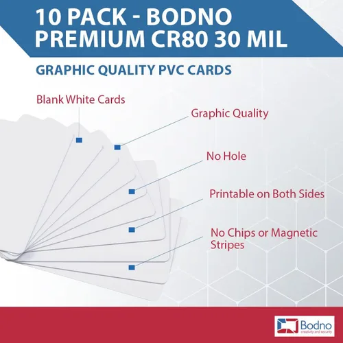 Vista 2 de Bodno CR80 - Paquete de 10 tarjetas de PVC de calidad gráfica prémium de 30 mil