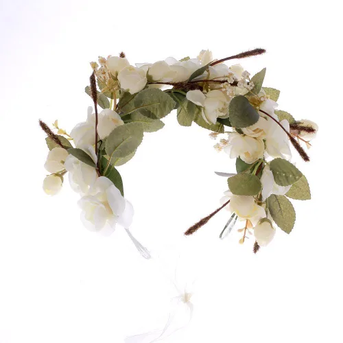 Vista 2 de Diadema con corona floral y halo de rosas (marfil)