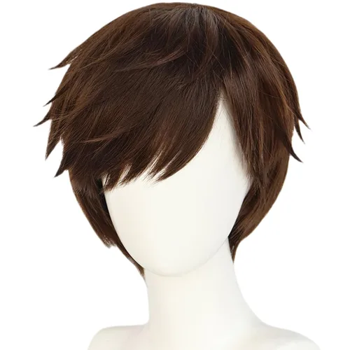 Vista 6 de Peluca marrón para hombre, corta, esponjosa, recta, pelo en capas Natural Marrón