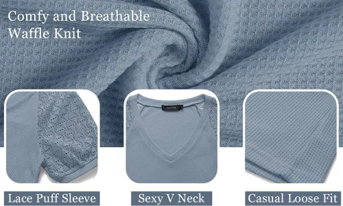 Vista 6 de MEROKEETY - Blusa de manga corta con cuello en V y encaje, de verano, para mujer