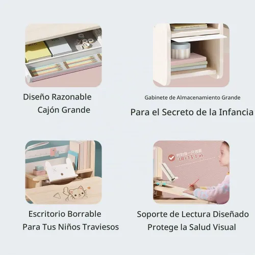 Vista 4 de FCD Mesa de estudio ergonómica multifunción de madera ajustable para niños, mesa de dibujo y estación de computadora con estante para libros