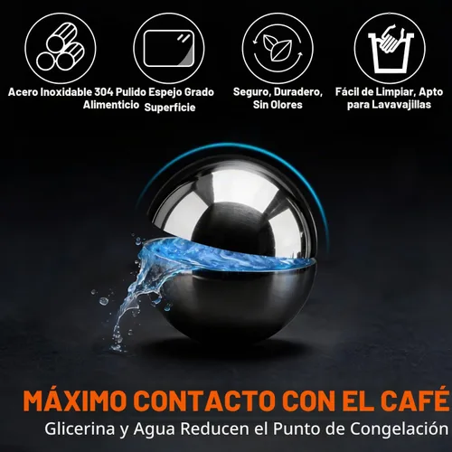Vista 5 de Paquete de 2 bolas de café espresso congelado XL para café expreso, bola de enfriamiento de espresso de acero inoxidable