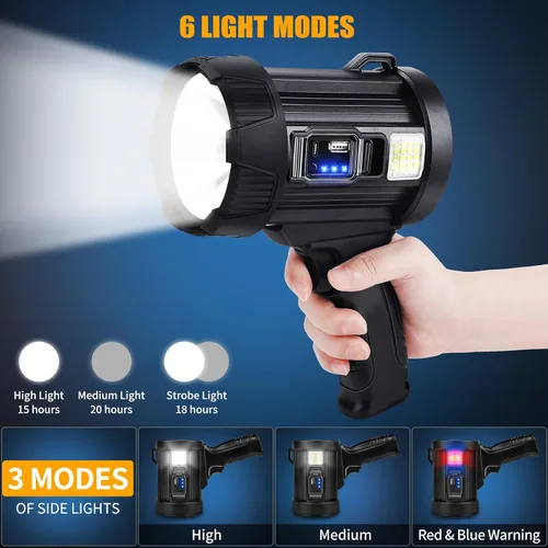 Vista 5 de Foco recargable, 99000 lúmenes, linterna LED brillante, reflector de luz de larga duración, focos de mano para exteriores con paneles solares
