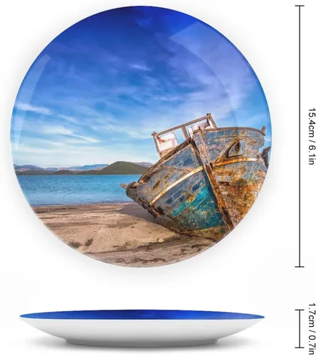 Vista 2 de Plato decorativo de pared de porcelana de 6 pulgadas con soporte, barco, cielo, mar, paisaje, naturaleza, adornos coleccionables, arte de pared
