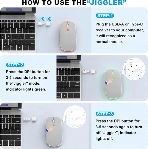 Vista 5 de Ratón inalámbrico LED Bluetooth para MacBook Air iPad Pro PC, mouse de computadora RGB recargable delgado con modo Jiggler, 3 modos BT 5.2 y 2.4G