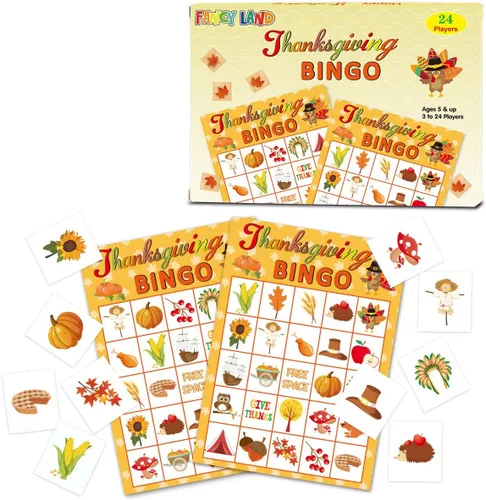 Vista 2 de Fancy Land Juego de bingo de Acción de Gracias, 24 jugadores para niños, suministros de manualidades para fiestas navideñas