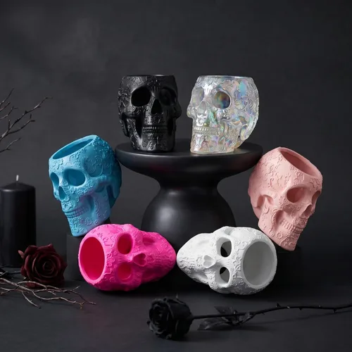 Vista 7 de Soporte para brochas de maquillaje de calavera, soporte para bolígrafos, tocador, escritorio, organizador de oficina, estacionario, maceta Negro