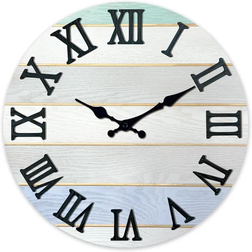 Vista 11 de Reloj de pared de madera maciza azul para sala de estar, estilo granja, reloj de pared redondo de 12 pulgadas, funciona con pilas, silencioso Wall