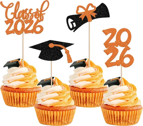 Vista 50 de 24 piezas 2026 temáticas de graduación 2026 decoraciones para cupcakes con purpurina clase de 2026 Diploma Congrats 2026 Tapa de graduación