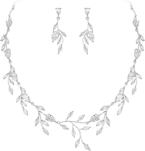 Vista 17 de Cubic Zirconia Drop Leaf Vine Wedding Prom Jewelry Set for Bride Bridesmaid