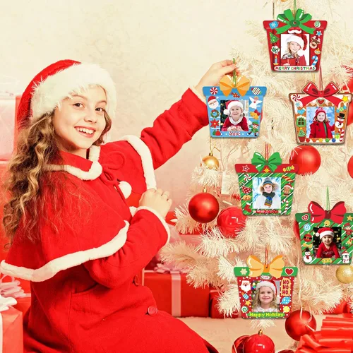 Vista 5 de Funrous 24 Piezas Marcos de Fotos Navideños Ornamentos Manualidades Regalo a Granel Marcos de Fotos Colgantes Ornamentos DIY de Madera Decoración