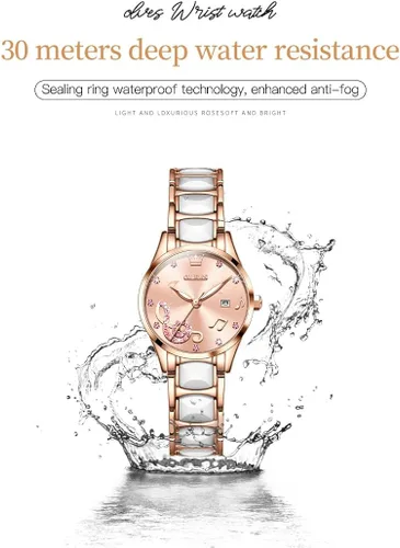 Vista 4 de OLEVS Relojes para mujer oro rosa de dos tonos de moda de cerámica blanco esfera rosa roja acero inoxidable fecha impermeable