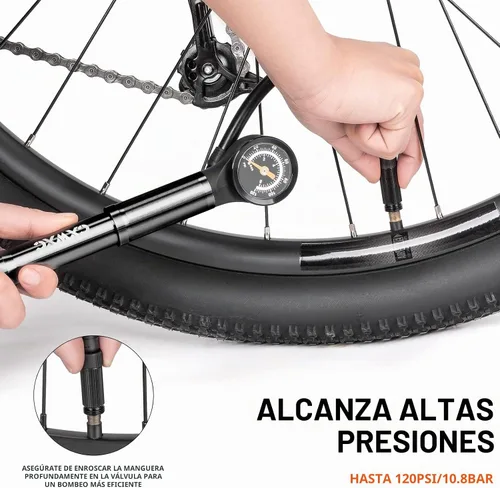 Vista 3 de CXWXC Bomba de bicicleta portátil - Mini bomba de bicicleta con manómetro se adapta a válvulas Presta y Schrader - Bomba de aire para bicicleta