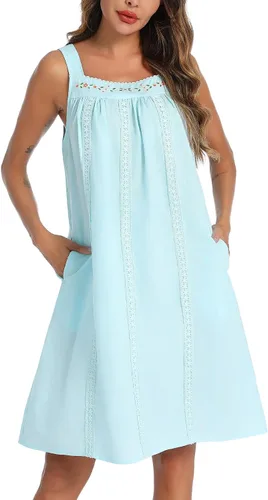 Vista 18 de YOZLY - Camisones de algodón sin mangas para mujer, camisón de tanque de noche con bolsillos A-Solid Blanco