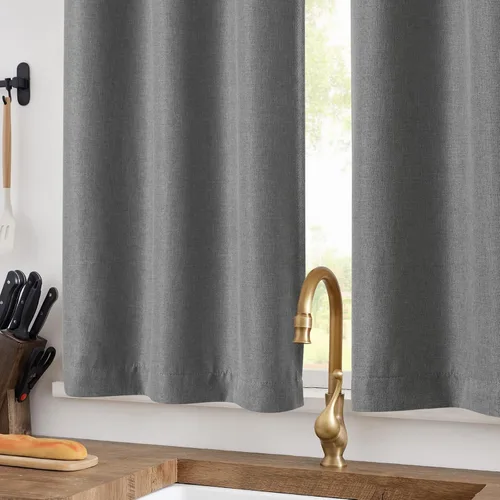 Vista 3 de jinchan Cortinas de cocina con textura de lino, con bolsillo para barra, con aspecto de lino para sala de estar, casa de campo, cafetería, cortinas
